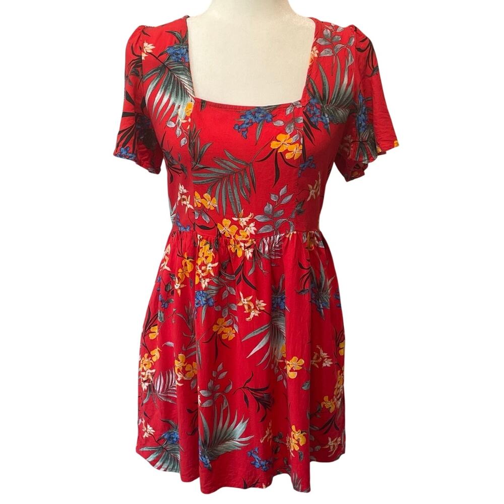 Red Tropical Print Square Neck Mini Dress